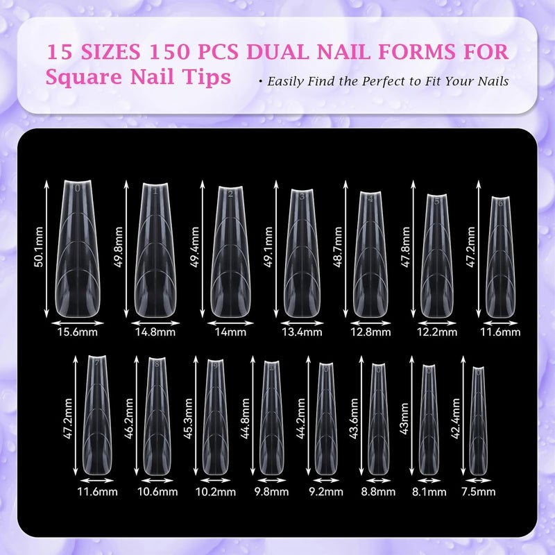 Outopen 150pcs Long Straight Stiletto Coffin Nail Forms Thicken Clear Coffin Shape Nail Mold for Polygel Acrylic Extension Full Cover Fake Press On Nail Molds for Beginners DIY Manicure,15 Sizes - Image 4